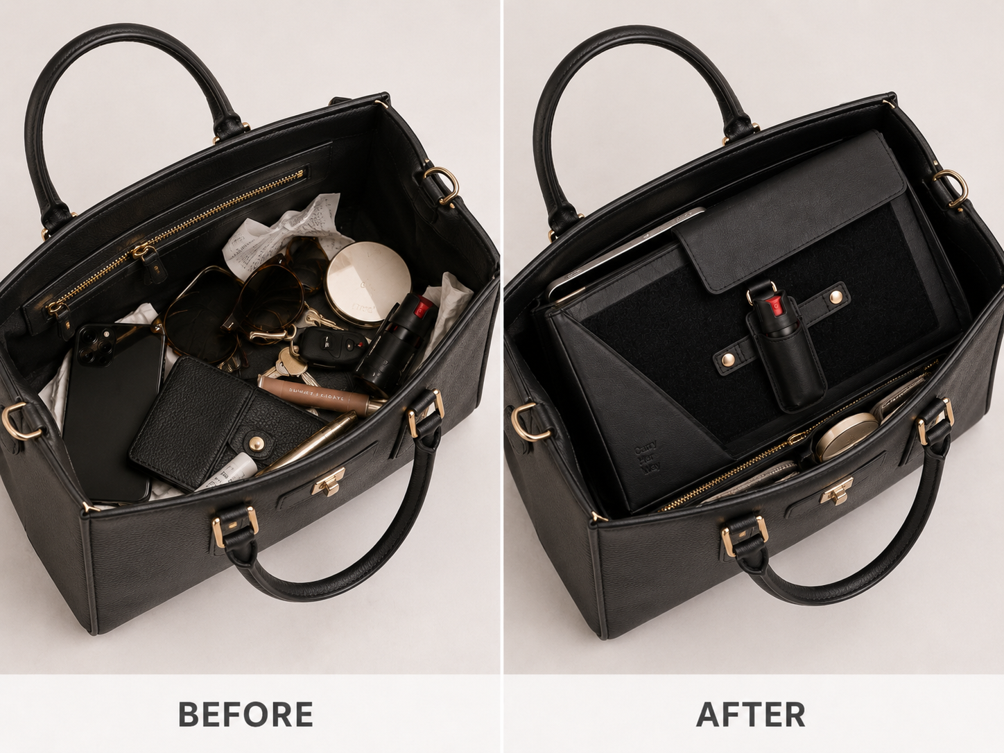 Before and after view of the Anchor System organizing a purse